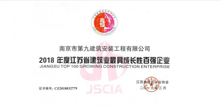江蘇省建筑業(yè)最具成長性百強(qiáng)企業(yè)-2018